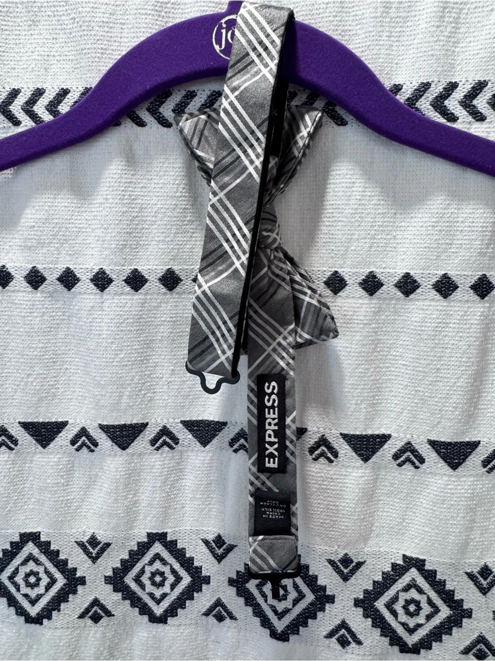 Express brand clip on bow tie in sleek gray and white plaid pattern formalwear